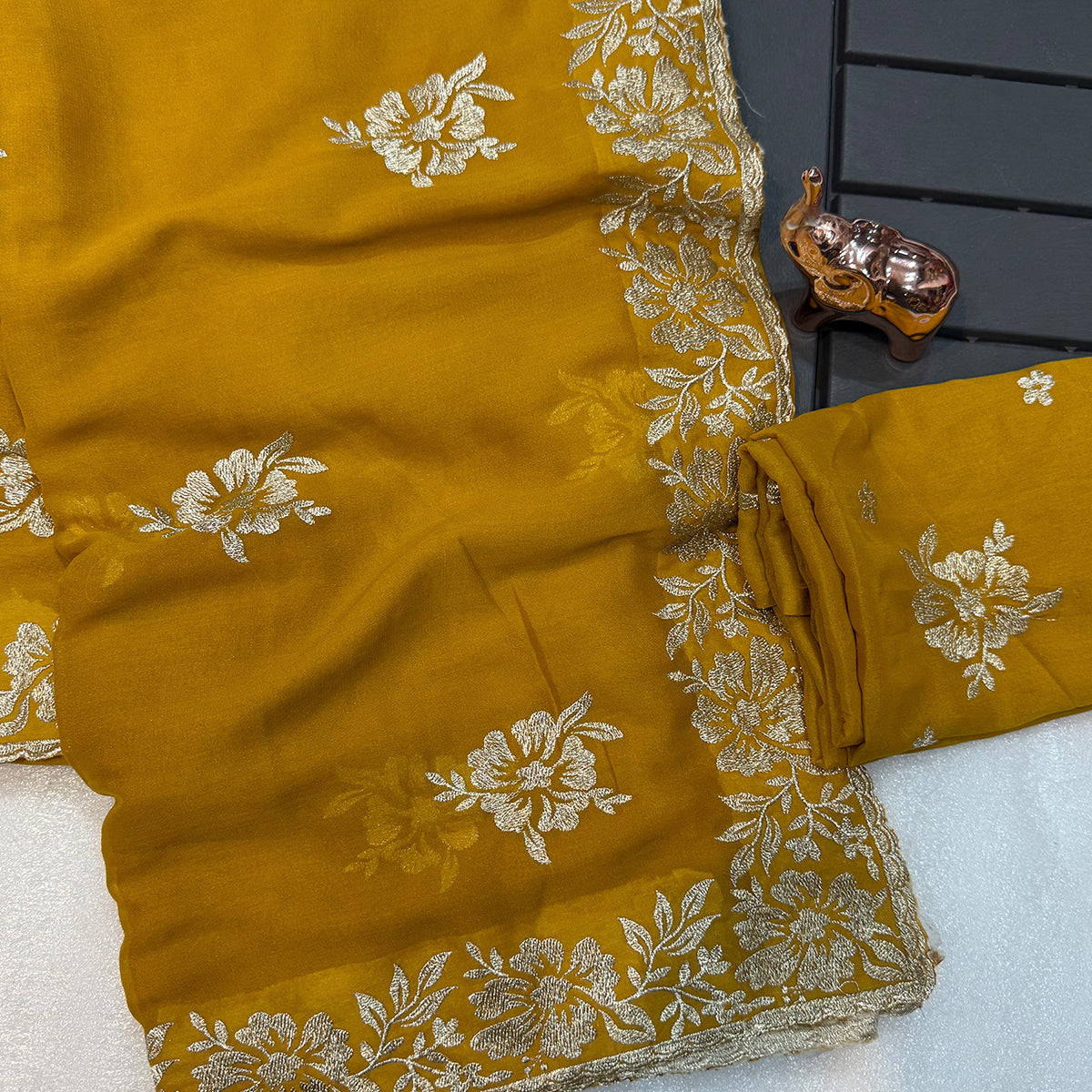 Stunning Mustard Georgette Saree with Floral Zari Embroidery & Ornate Cutwork Border