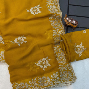 Stunning Mustard Georgette Saree with Floral Zari Embroidery & Ornate Cutwork Border
