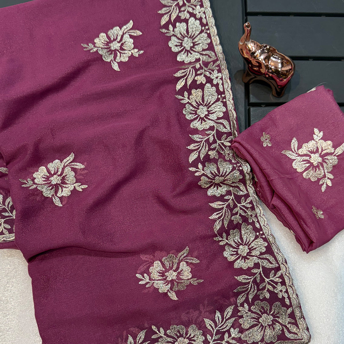 Stunning Wine Georgette Saree with Floral Zari Embroidery & Ornate Cutwork Border