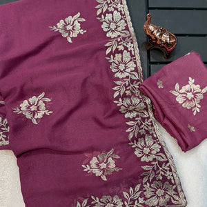 Stunning Wine Georgette Saree with Floral Zari Embroidery & Ornate Cutwork Border