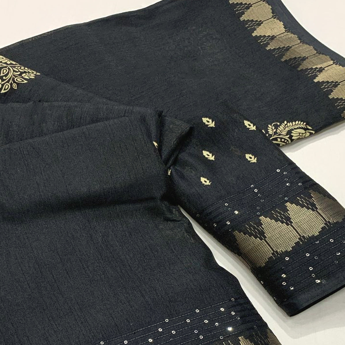 Black Floral Printed Dola Silk Saree With Sequins Border