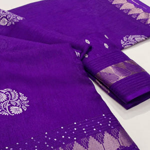 Purple Floral Printed Dola Silk Saree With Sequins Border