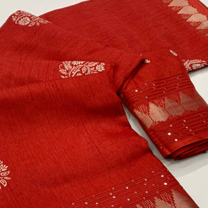 Red Floral Printed Dola Silk Saree With Sequins Border