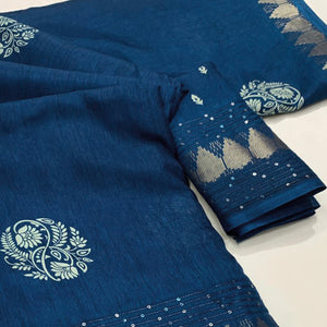Teal Floral Printed Dola Silk Saree With Sequins Border