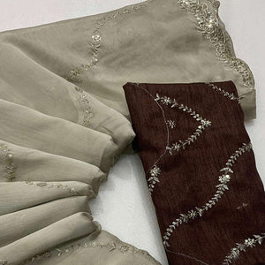 Beige Floral Sequins Embroidered Chiffon Saree