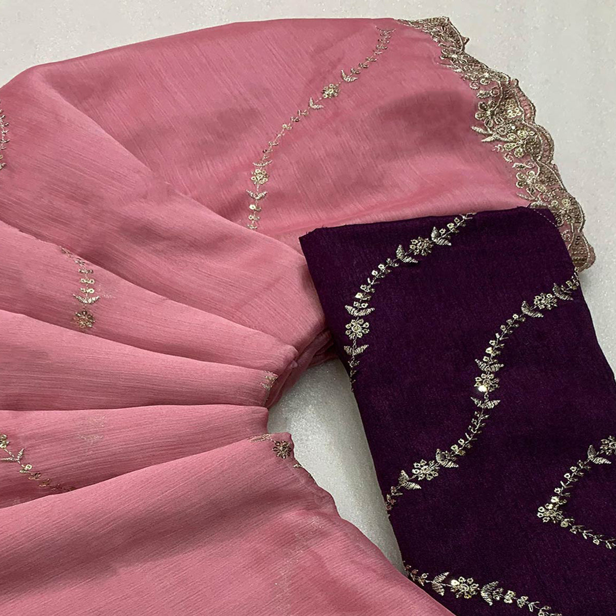 Pink Floral Sequins Embroidered Chiffon Saree