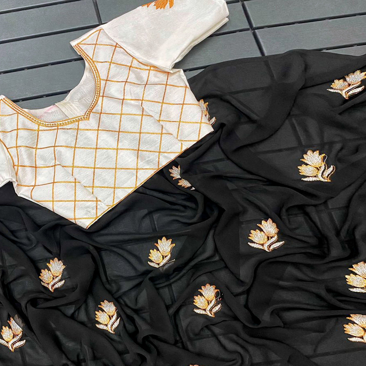 Black Floral Embroidered Georgette Saree