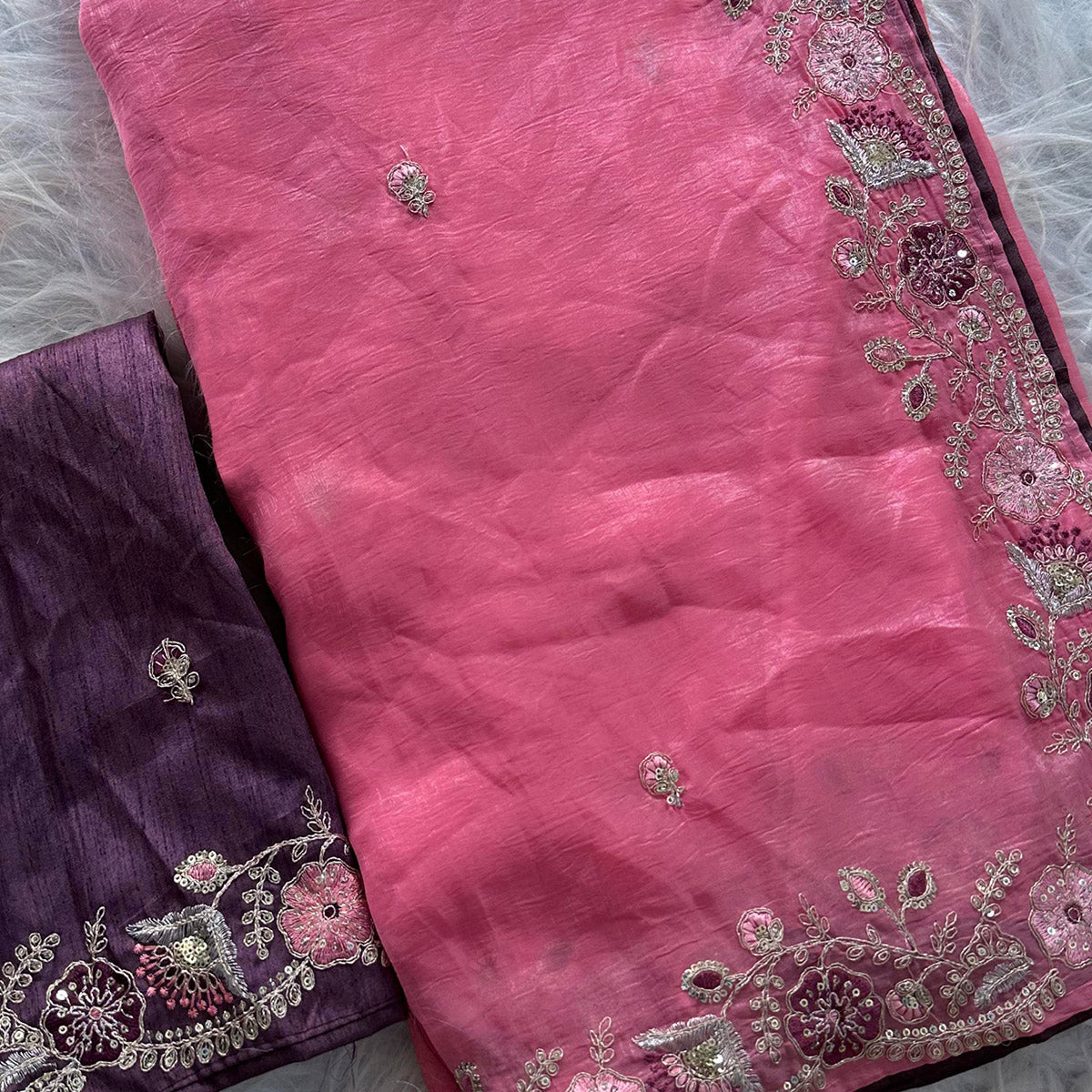 Pink Pure Silk Saree Showcasing Floral Sequins Embroidery With A Decorative Tassel Pallu