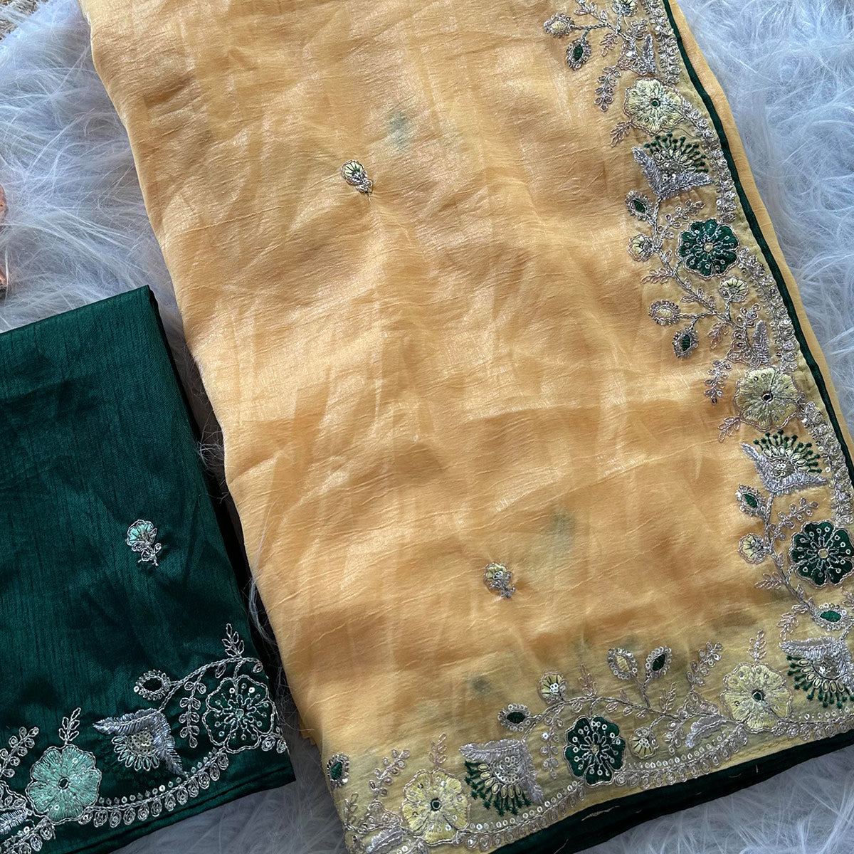Yellow Pure Silk Saree Showcasing Floral Sequins Embroidery With A Decorative Tassel Pallu