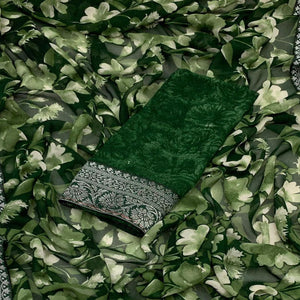 Green Floral Printed Georgette Saree With Woven Border