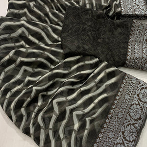 Black Leheriya Printed Georgette Saree With Woven Border