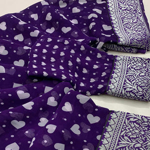 Purple Heart Printed Georgette Saree With Woven Border