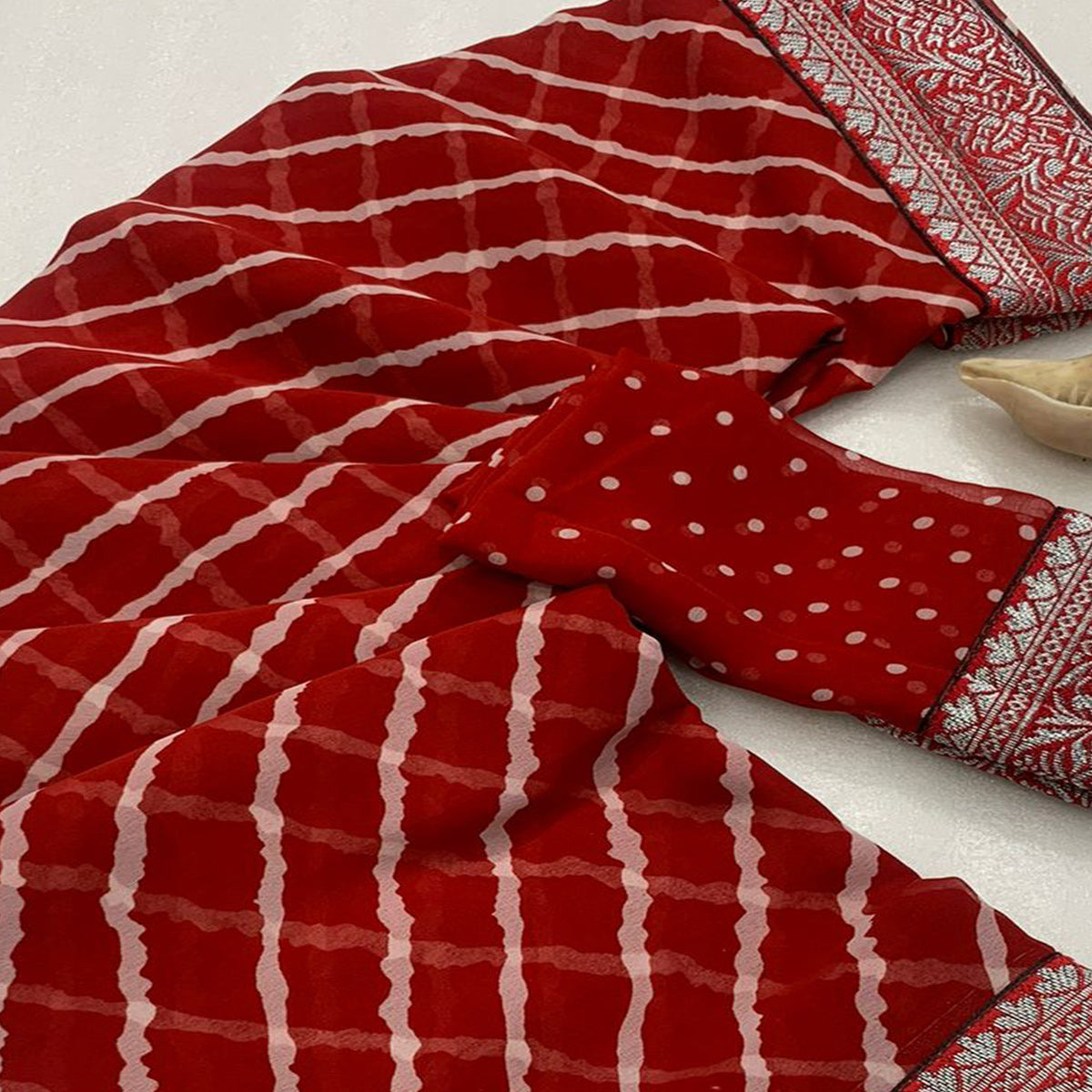 Red Leheriya Printed Georgette Saree With Woven Border