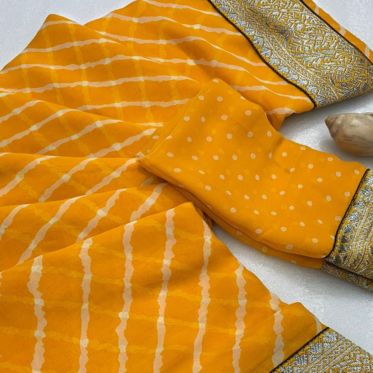 Yellow Leheriya Printed Georgette Saree With Woven Border