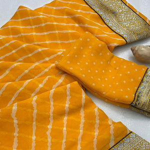 Yellow Leheriya Printed Georgette Saree With Woven Border