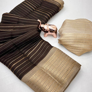 Classic Brown Marshmallow Jacquard Saree Adorned With Refined Striped Zari Weaving Patterns
