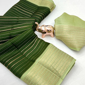 Classic Green Marshmallow Jacquard Saree Adorned With Refined Striped Zari Weaving Patterns