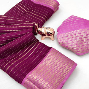 Classic Wine Marshmallow Jacquard Saree Adorned With Refined Striped Zari Weaving Patterns