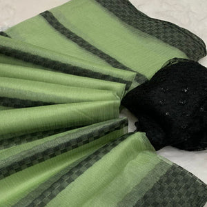 Green Woven Net Saree With Tassels