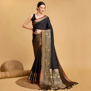 Black Woven Pure Silk Saree With Tassels