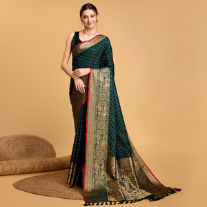 Green Woven Pure Silk Saree With Tassels