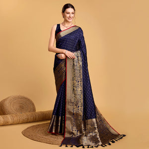 Navy Blue Woven Pure Silk Saree With Tassels
