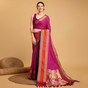Purple Checks Woven Pure Silk Saree With Tassels