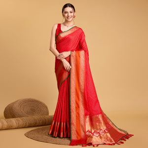 Red Checks Woven Pure Silk Saree With Tassels