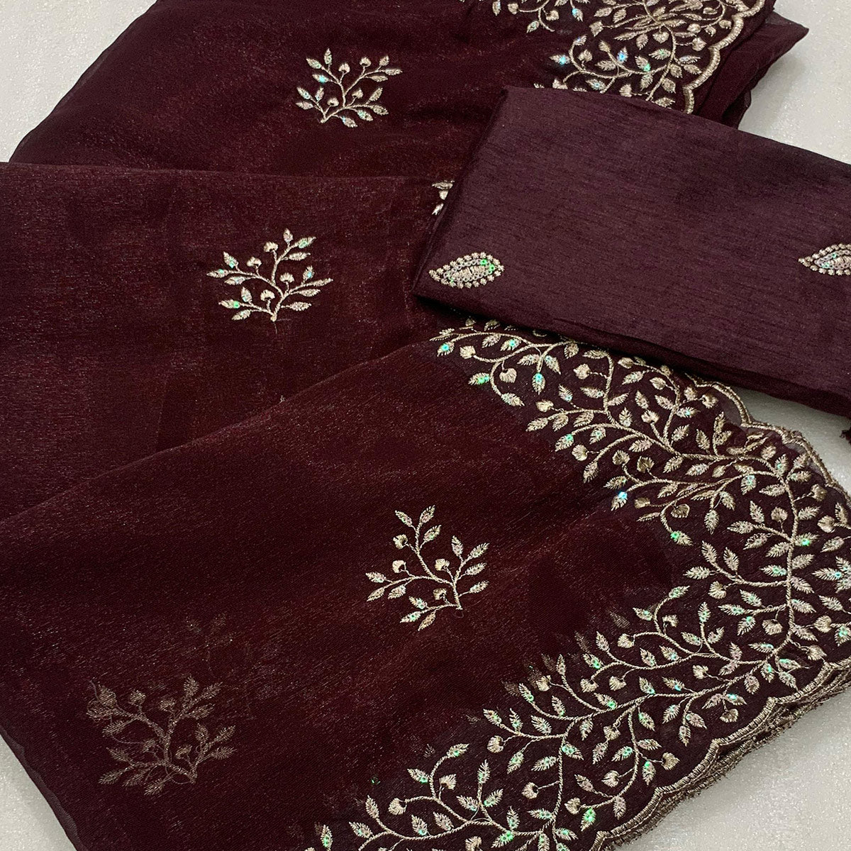 Brown Sequins Embroidered Shimmer Silk Saree