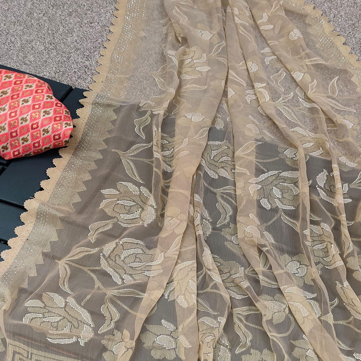 Beige Woven With Swarovski Work Brasso Saree