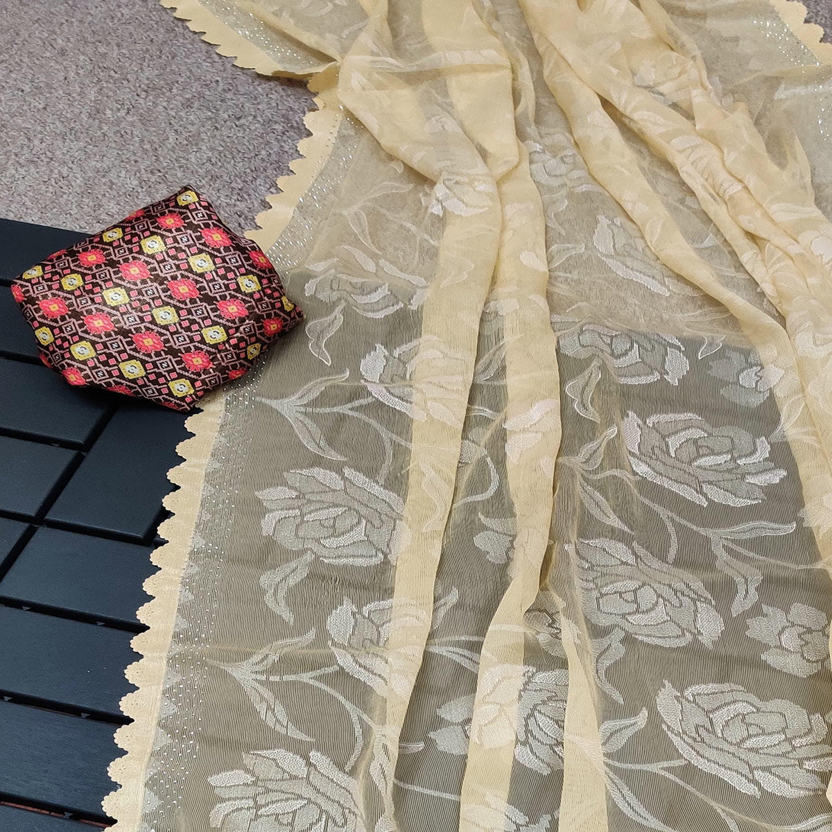 Cream Woven With Swarovski Work Brasso Saree