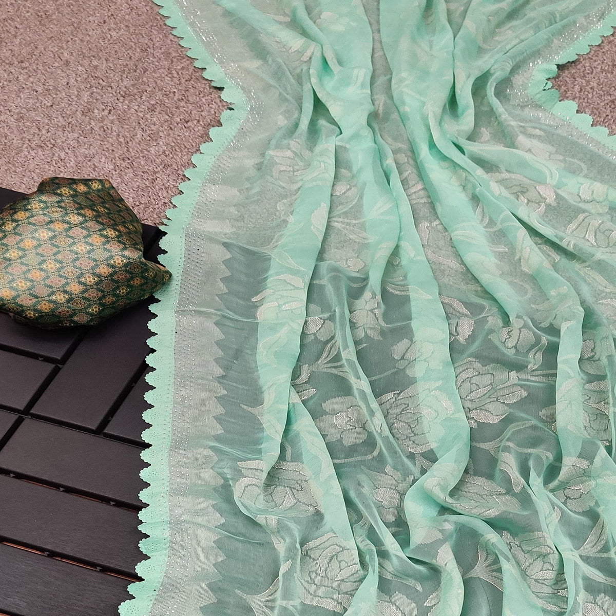 Turquoise Woven With Swarovski Work Brasso Saree