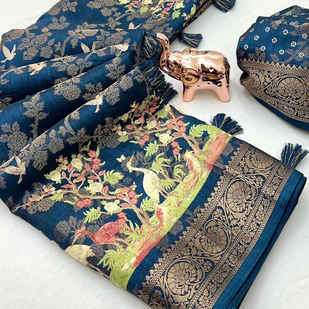 Blue Tussar Silk Jacquard Saree With Intricate Floral Zari Weaving & Tassel Border