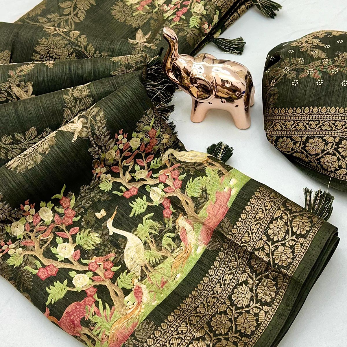 Mehendi Green Tussar Silk Jacquard Saree With Intricate Floral Zari Weaving & Tassel Border