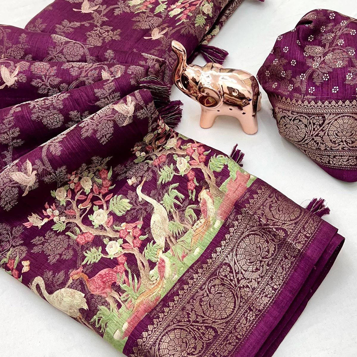 Wine Tussar Silk Jacquard Saree With Intricate Floral Zari Weaving & Tassel Border