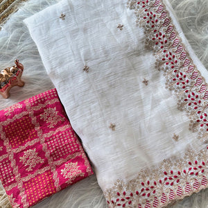 White Paper Crush Pure Silk Saree Featuring Intricate Floral Embroidery Craftsmanship