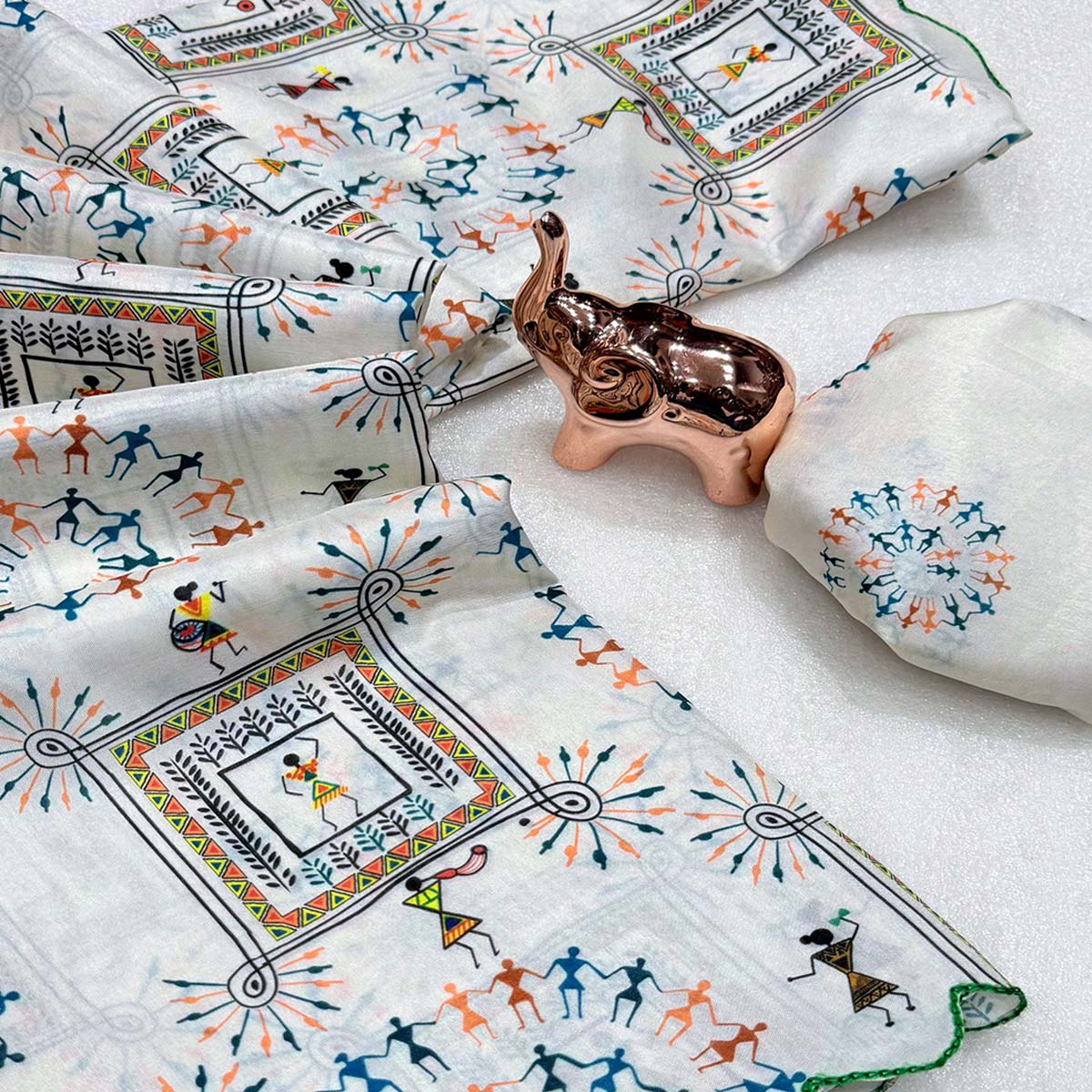 Charming Off White Soft Dola Silk Saree Featuring Intricate Warli Print