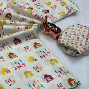 Festive Off White Soft Dola Silk Saree with Timeless Warli Print Work