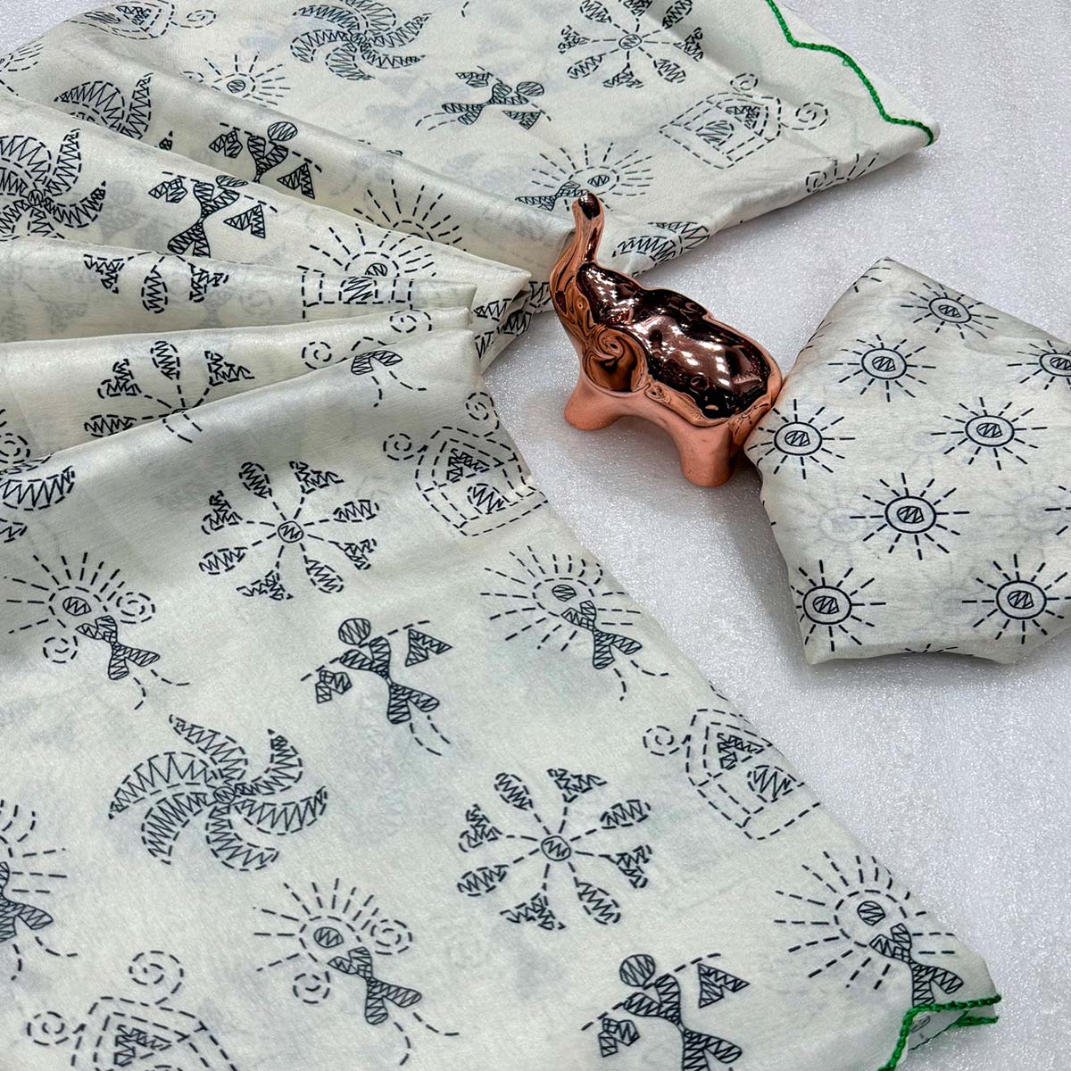 Minimalist Off White Warli Printed Saree in Comfortable Soft Dola Silk Fabric