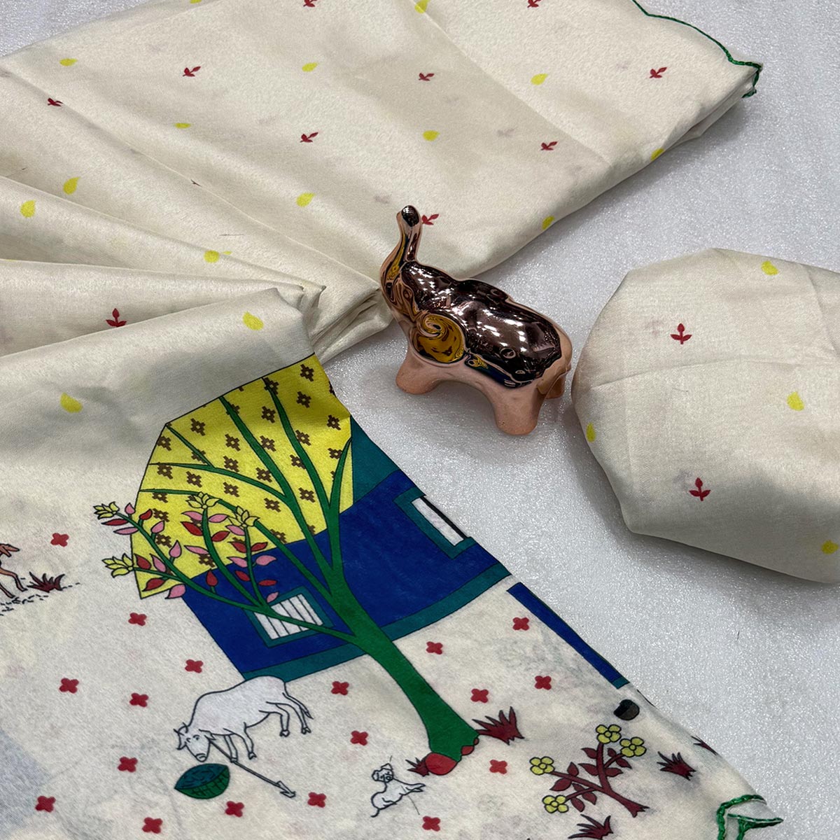 Designer Off White Soft Dola Silk Saree with Subtle Warli Print Detailing