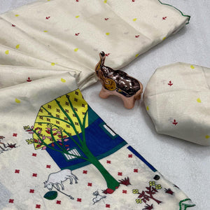 Designer Off White Soft Dola Silk Saree with Subtle Warli Print Detailing