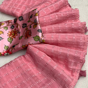 Pink Woven Chiffon Wrinkle Saree With Tassels
