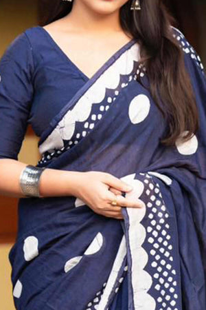 Indigo Blue Linen Saree With Vibrant Polka Digital Print & Trendy Tassel Pallu