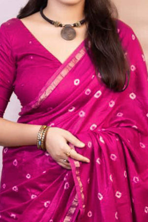 Rani Pink Bandhani Digital Printed Linen Cotton Saree
