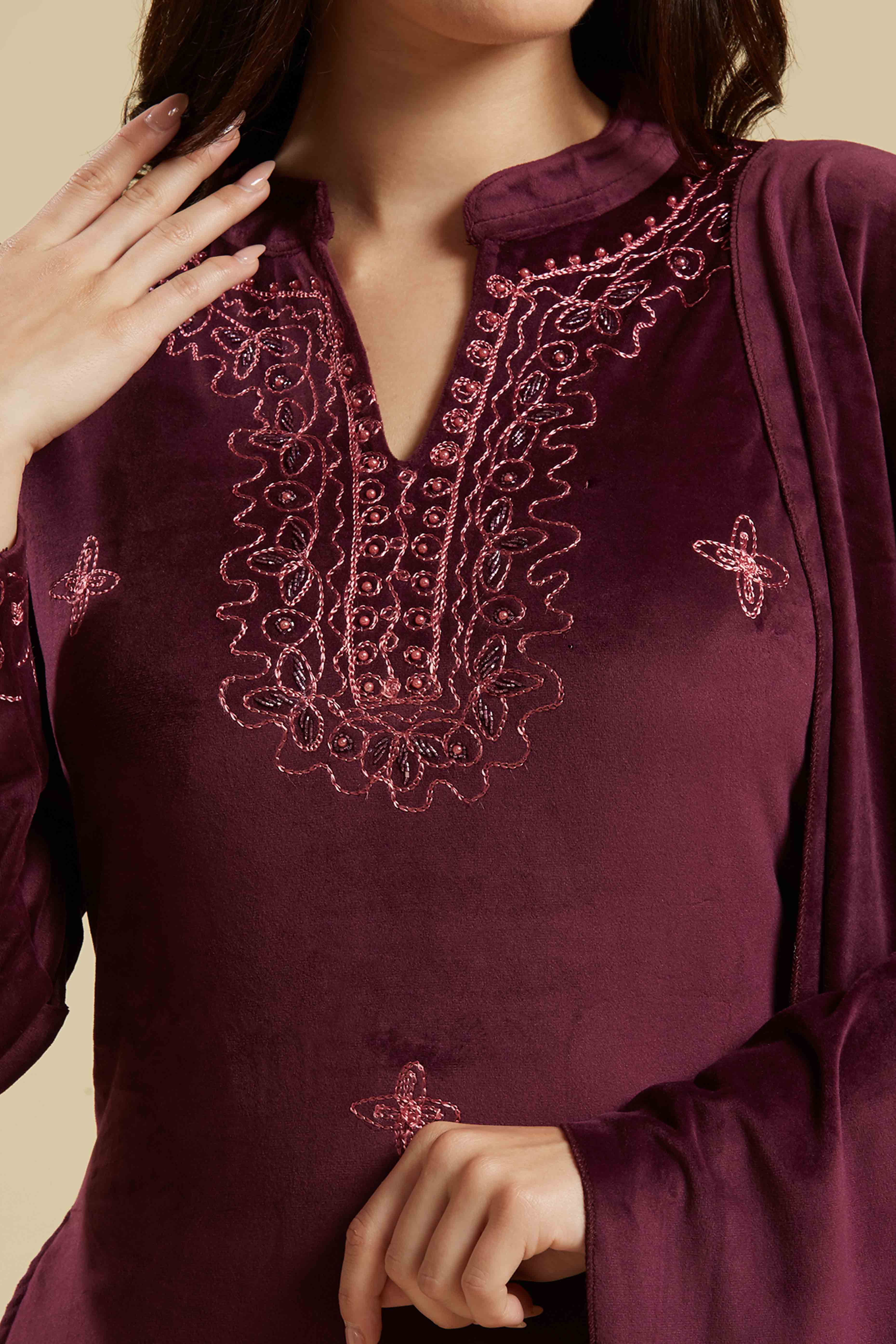 Wine Embroidered Velvet Straight Salwar Suit