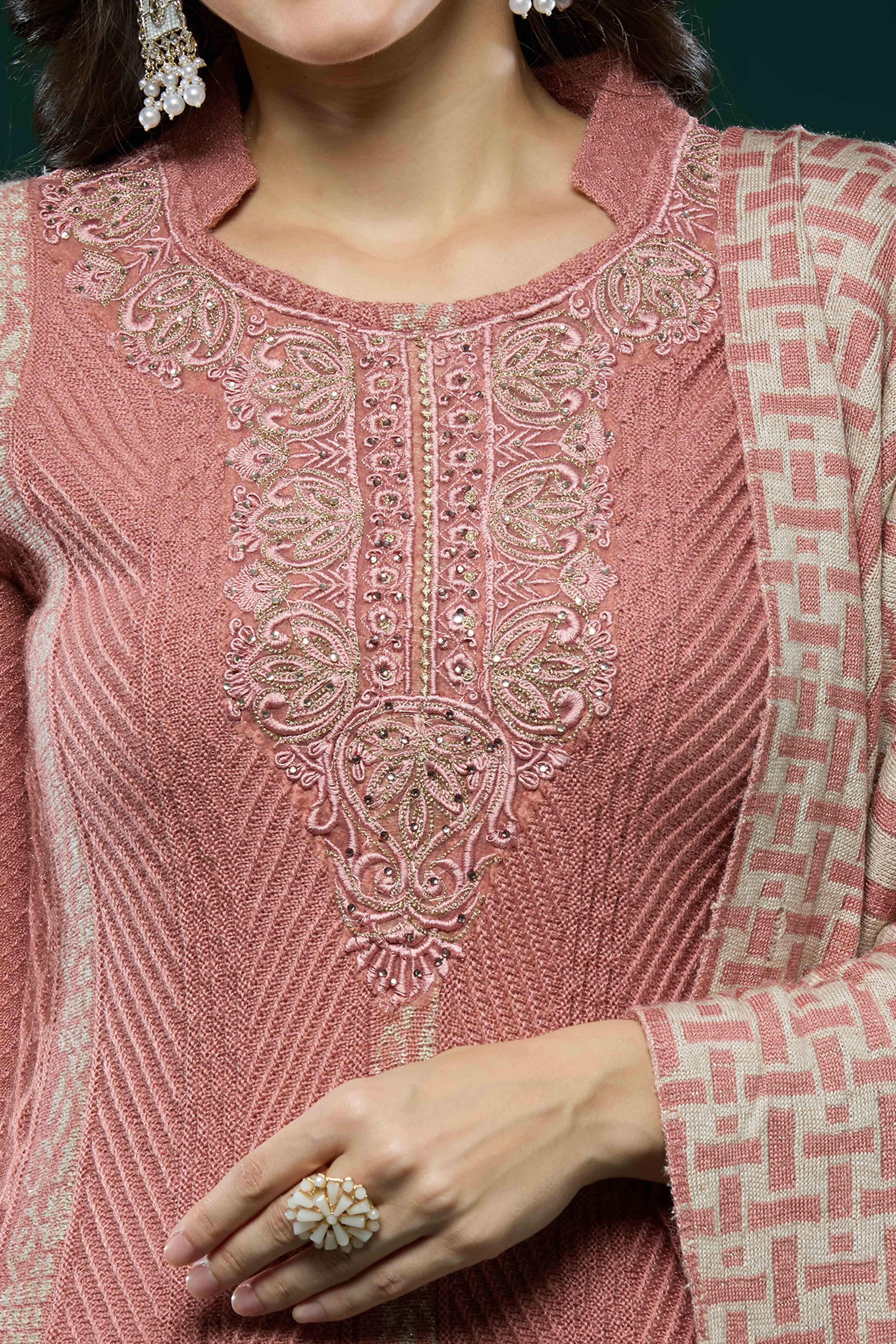 Peach Woven Woolen Straight Salwar Suit