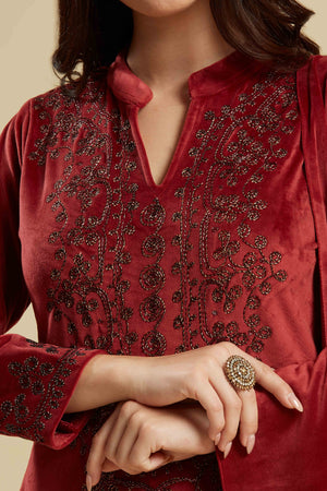 Wine Embroidered Velvet Straight Salwar Suit