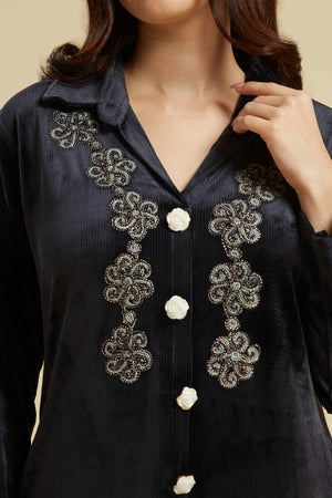 Navy Blue Embroidered Velvet A-Line Top Bottom Set