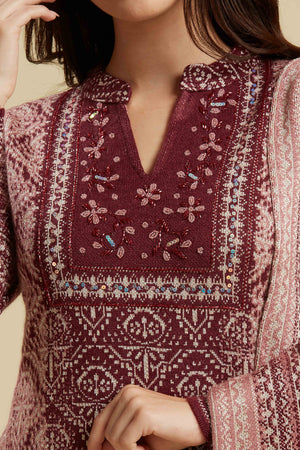 Wine Embroidered Woolen Straight Salwar Suit