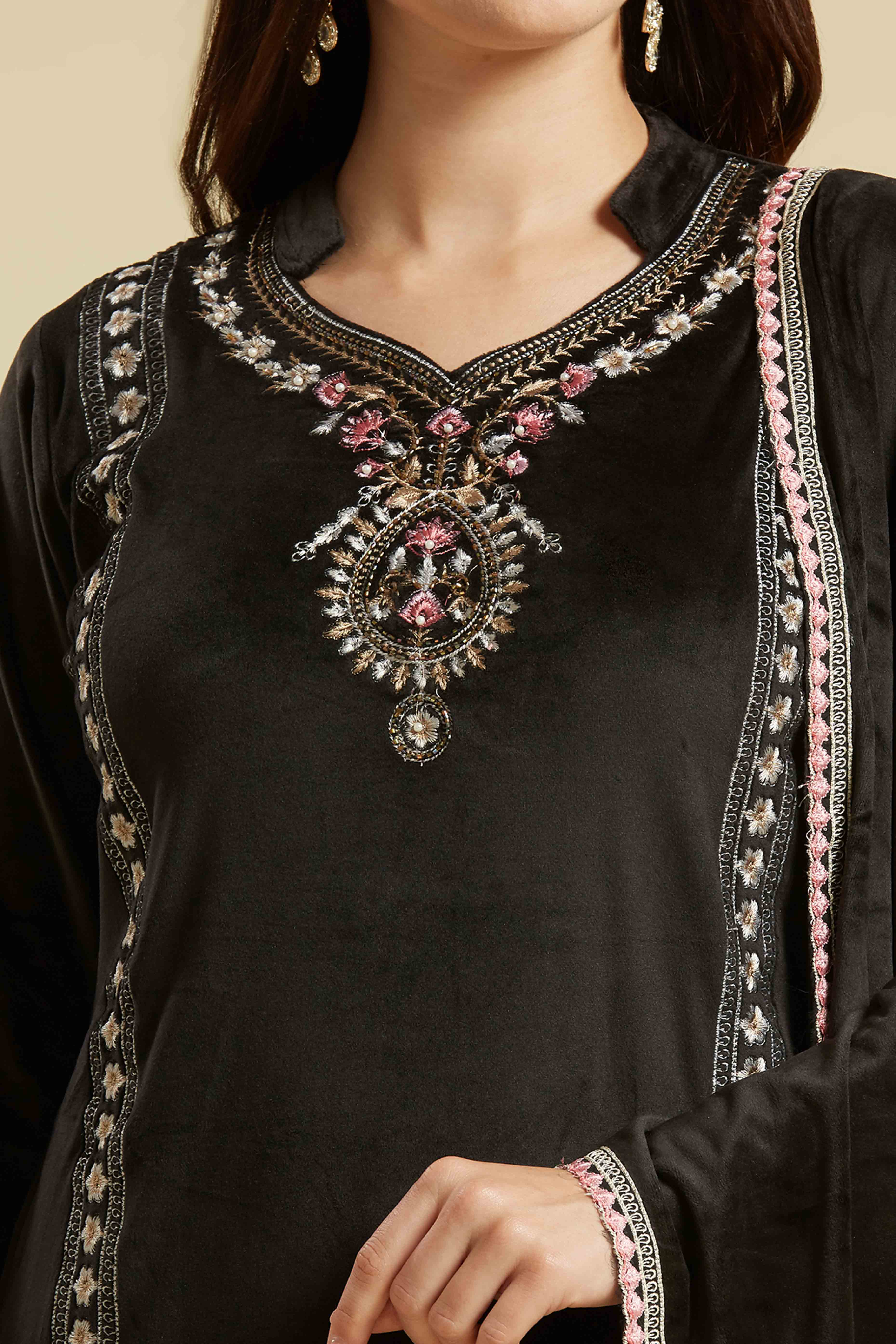 Black Embroidered Velvet Straight Salwar Suit